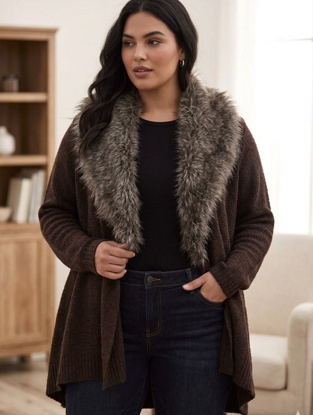 LaneBryant Brown Open Front Cardigan Sweater With Removable Faux Fur Collar